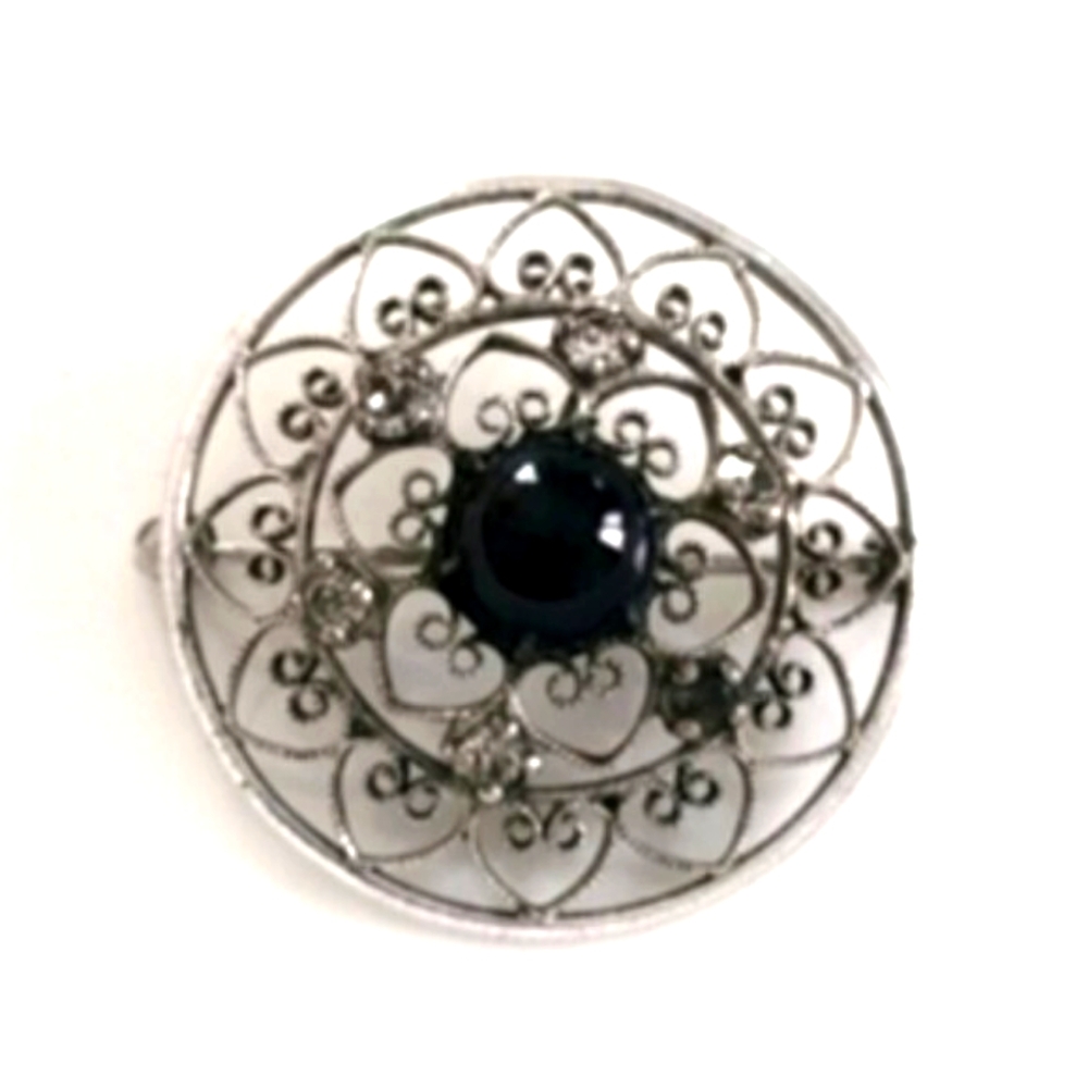 Vintage Sterling Silver Black Onyx Cabochon Center Grannie Victorian Brooch
